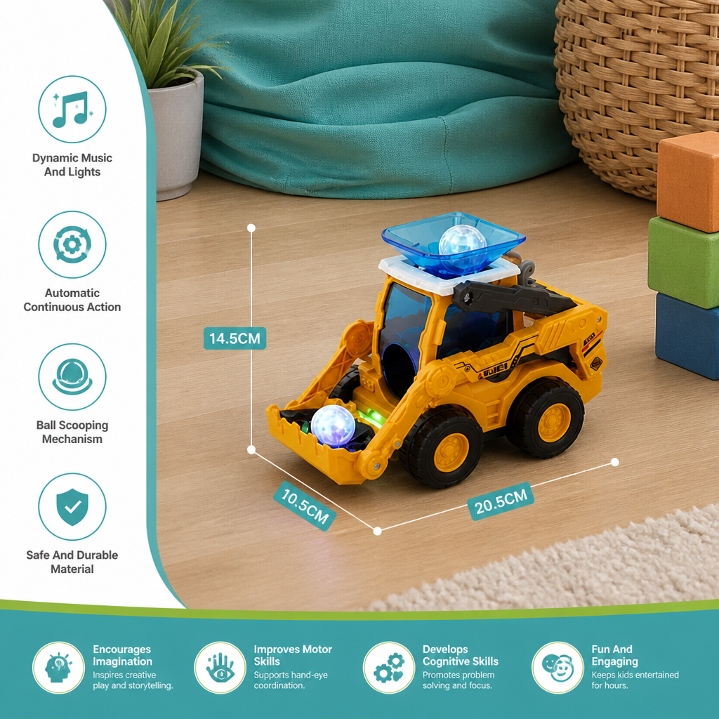 Musical Light-Up Excavator Toy with Continuous Ball Scooping Action