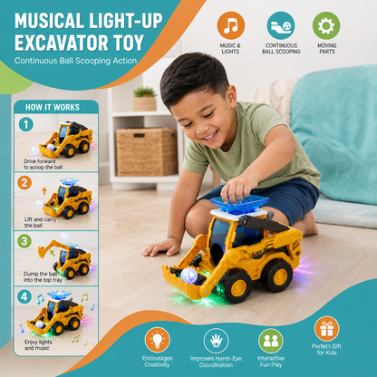 Musical Light-Up Excavator Toy with Continuous Ball Scooping Action