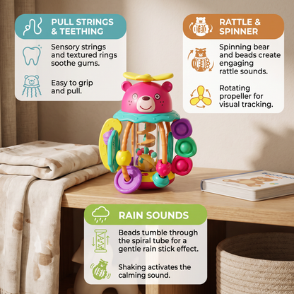 3-in-1 Multisensory Teething Toy with Pull Strings, Rattle & Rain Sounds for Babies