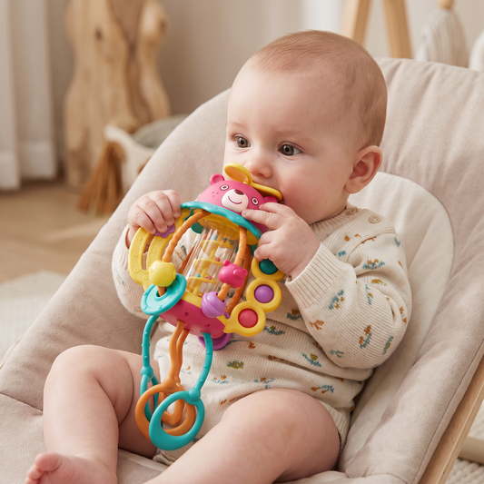 3-in-1 Multisensory Teething Toy with Pull Strings, Rattle & Rain Sounds for Babies
