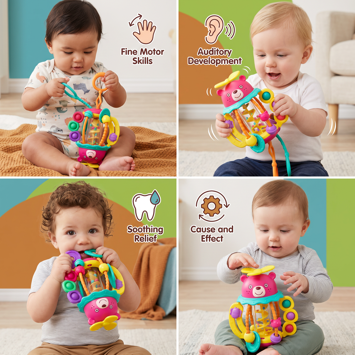 3-in-1 Multisensory Teething Toy with Pull Strings, Rattle & Rain Sounds for Babies