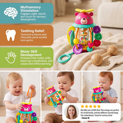 3-in-1 Multisensory Teething Toy with Pull Strings, Rattle & Rain Sounds for Babies
