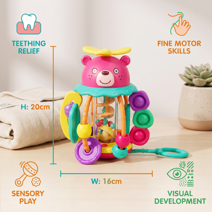 3-in-1 Multisensory Teething Toy with Pull Strings, Rattle & Rain Sounds for Babies