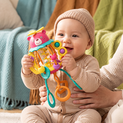 3-in-1 Multisensory Teething Toy with Pull Strings, Rattle & Rain Sounds for Babies