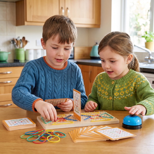 Montessori Wooden Geometry Battle Game with Colorful Rubber Bands