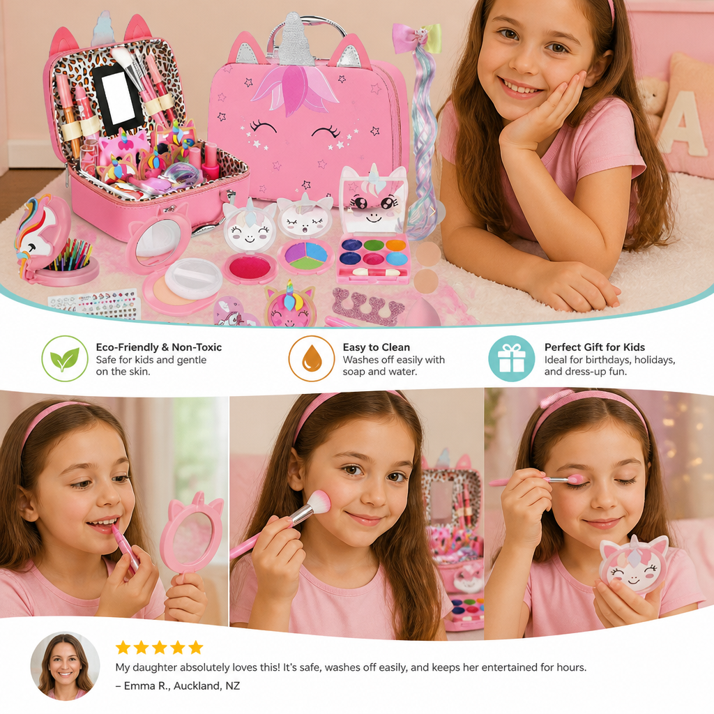 Kids’ Eco-Friendly & Easy-to-Wash Princess Makeup Kit with Cosmetic Bag