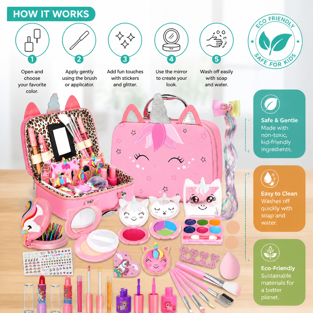 Kids’ Eco-Friendly & Easy-to-Wash Princess Makeup Kit with Cosmetic Bag