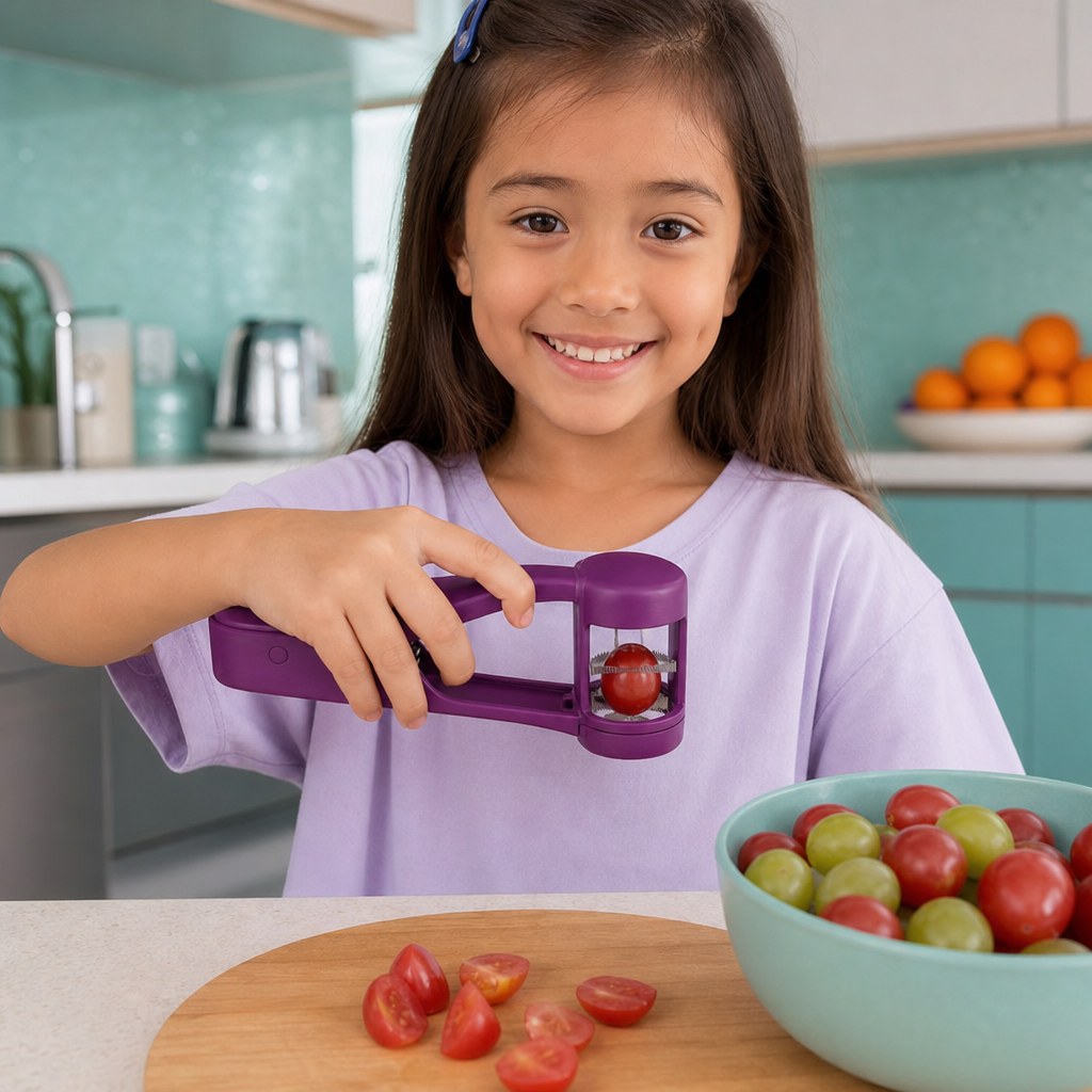 Stainless Steel Grape & Cherry Tomato Cutter – Safe One-Press Quarter Slicer for Toddlers & Kids