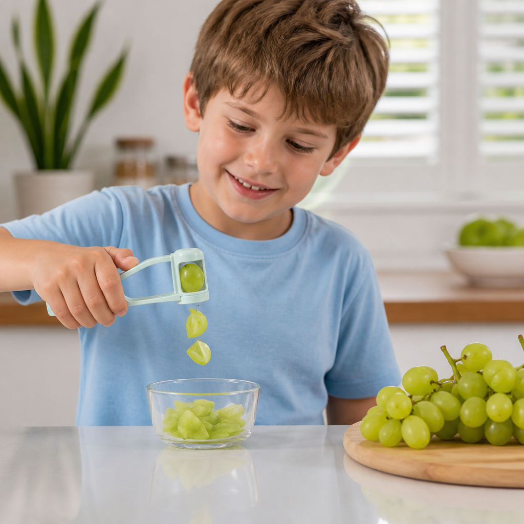 Stainless Steel Grape & Cherry Tomato Cutter – Safe One-Press Quarter Slicer for Toddlers & Kids