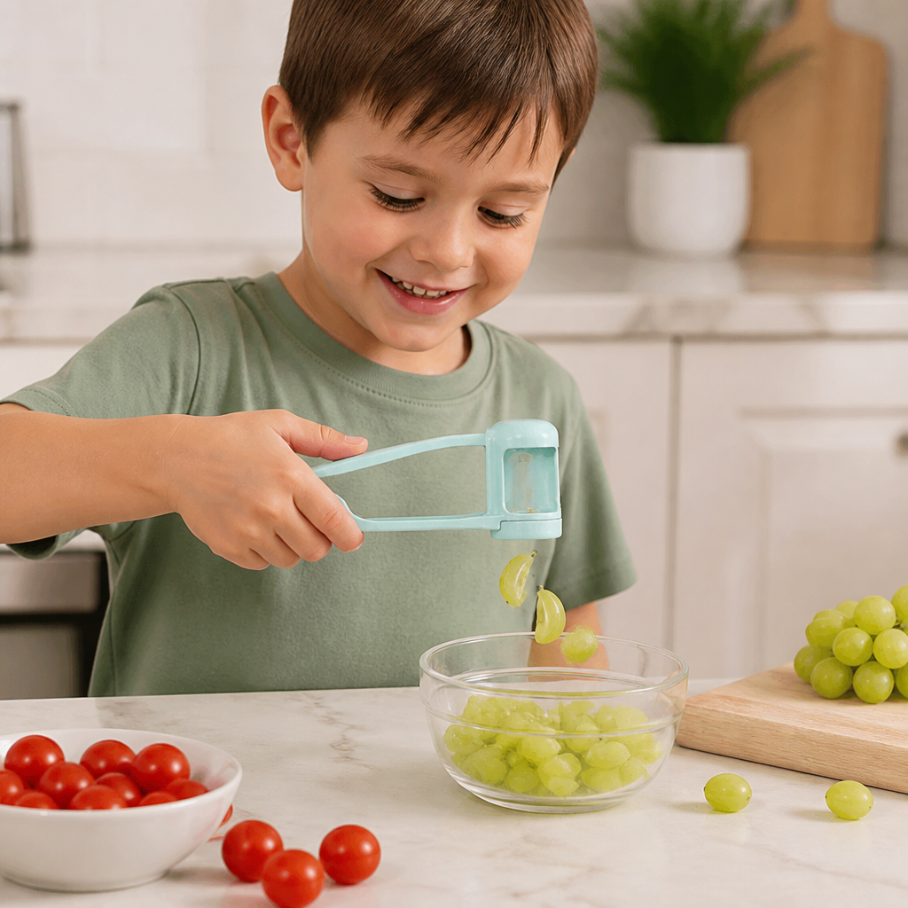 Stainless Steel Grape & Cherry Tomato Cutter – Safe One-Press Quarter Slicer for Toddlers & Kids