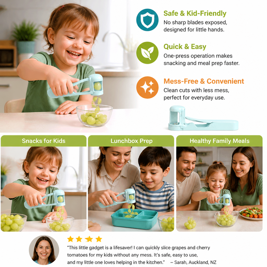 Stainless Steel Grape & Cherry Tomato Cutter – Safe One-Press Quarter Slicer for Toddlers & Kids