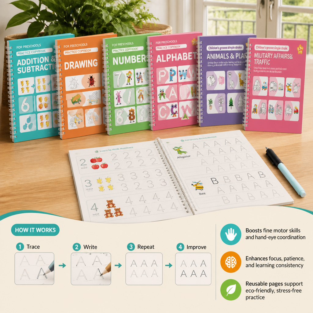 Reusable Grooved Handwriting Practice Books for Kids – 6-Piece Tracing & Writing Set