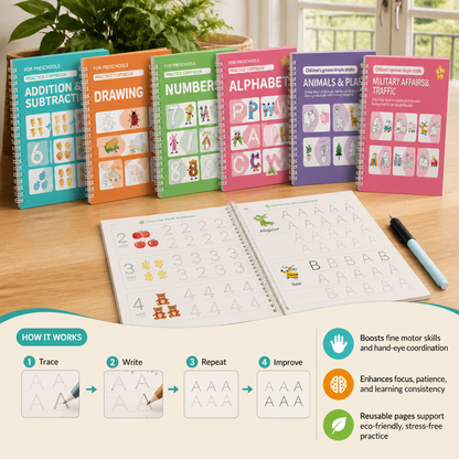 Reusable Grooved Handwriting Practice Books for Kids – 6-Piece Tracing & Writing Set