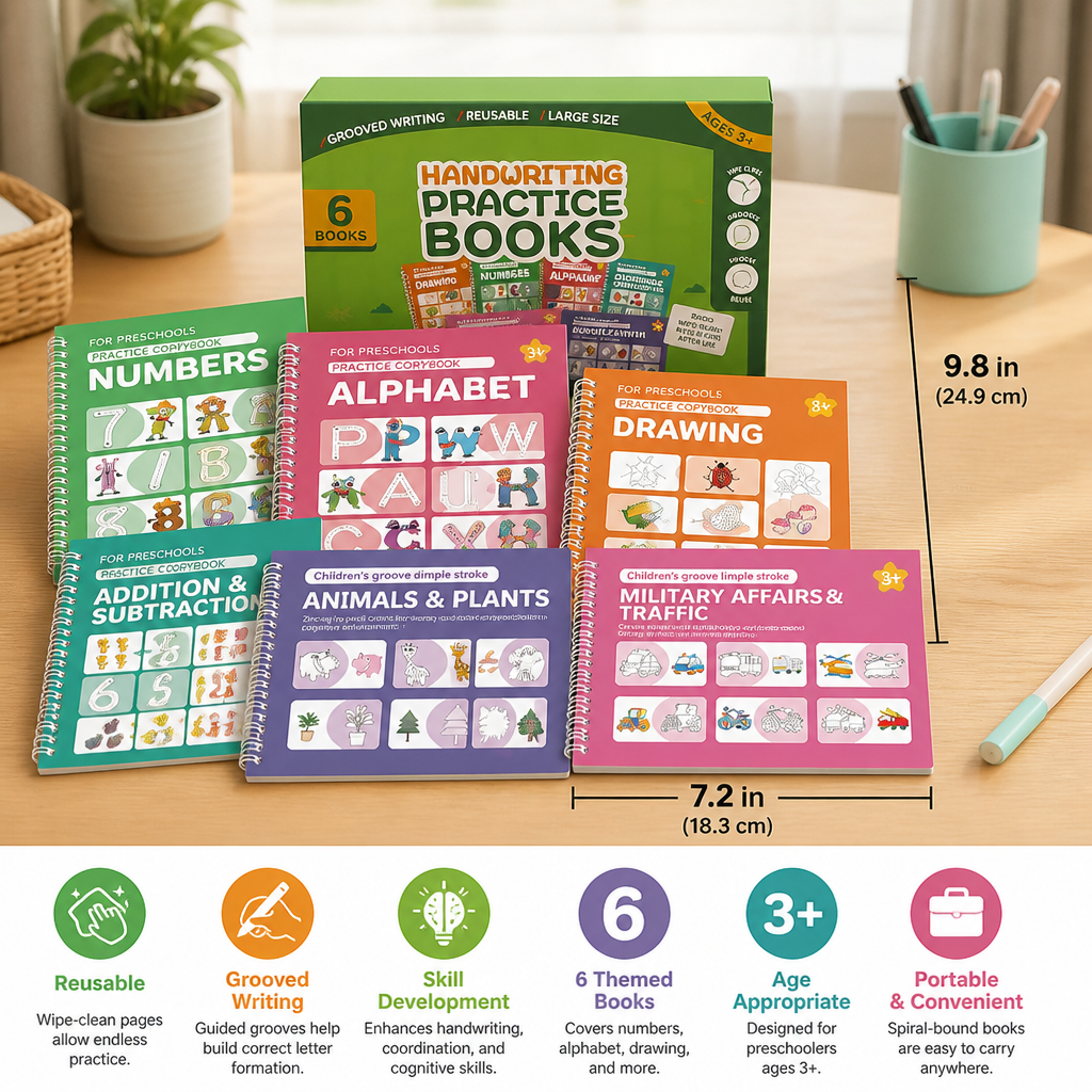 Reusable Grooved Handwriting Practice Books for Kids – 6-Piece Tracing & Writing Set