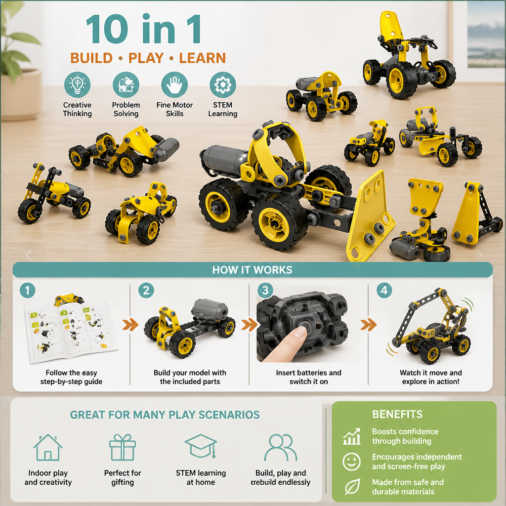 10-in-1 Creative Electric Construction Truck Building Set for Kids