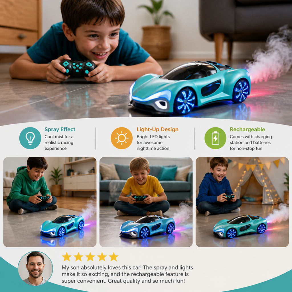 Light-Up RC Drift Car with Spray Effect & Charging Station