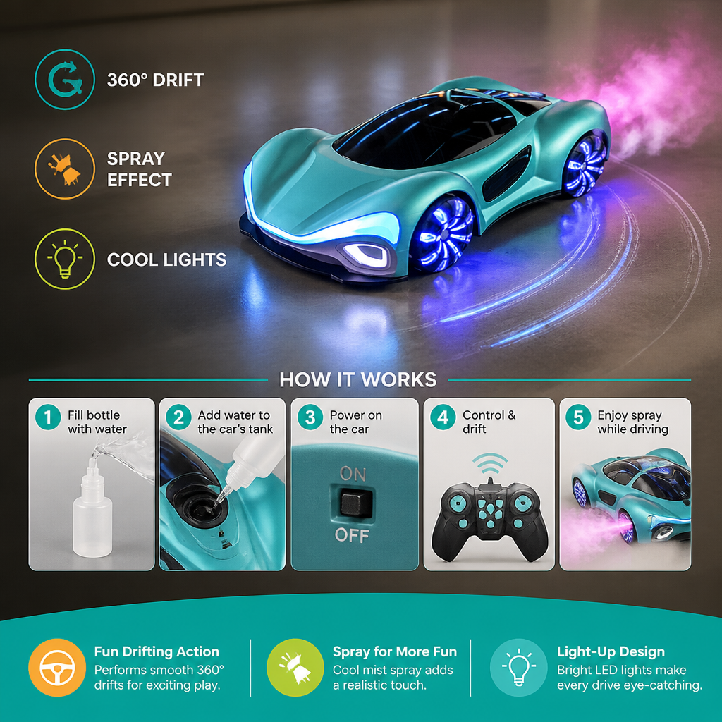 Light-Up RC Drift Car with Spray Effect & Charging Station