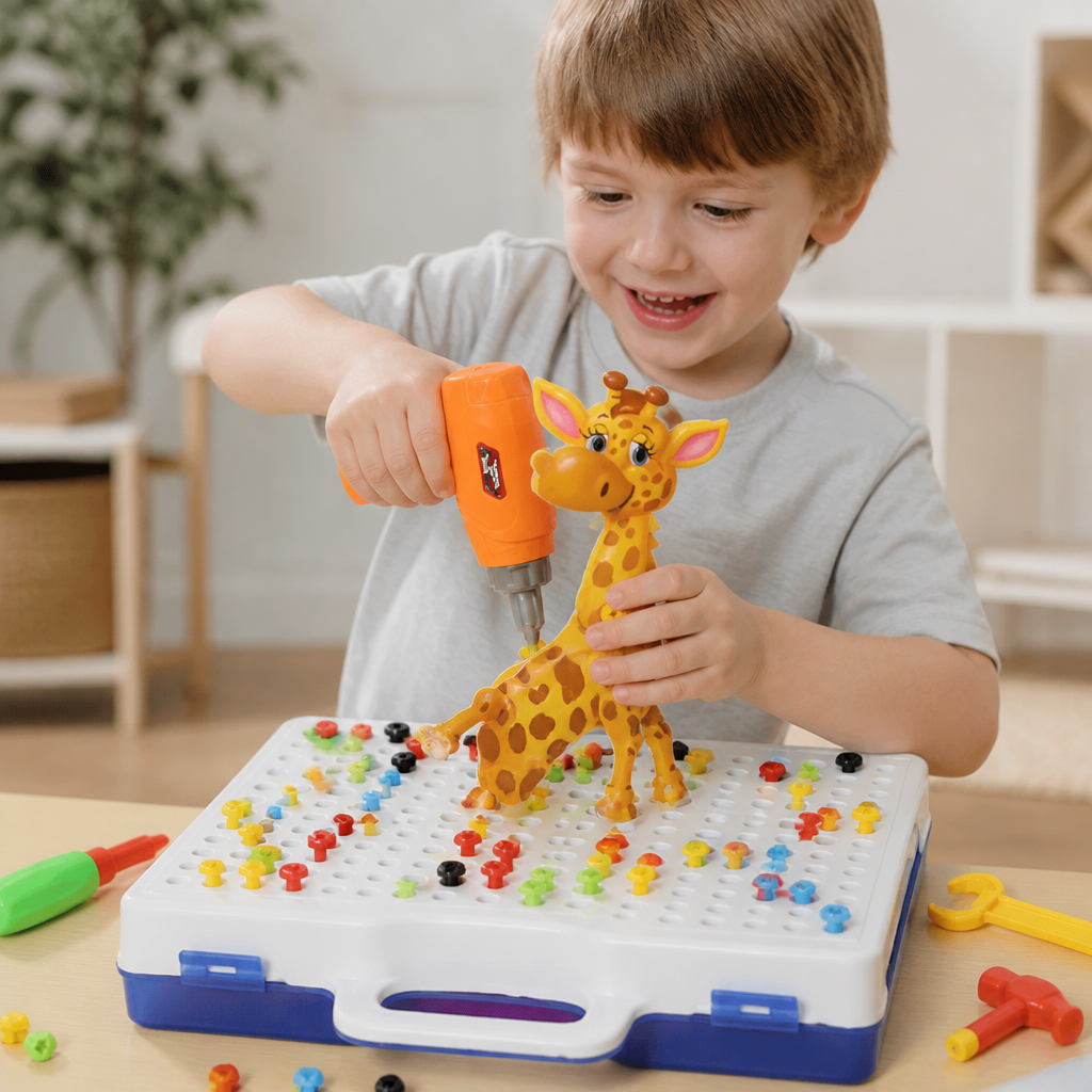 Safari Animal Building Block Set with Electric Toy Drill for Kids