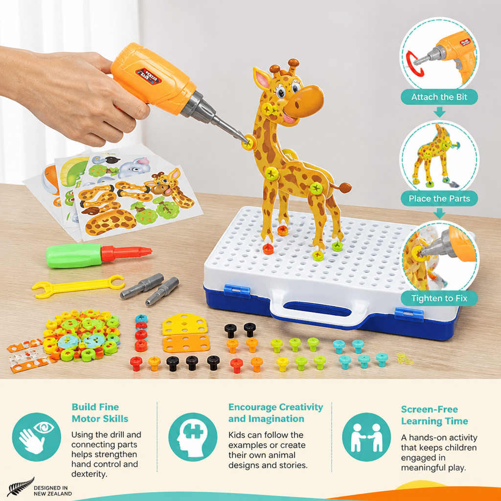 Safari Animal Building Block Set with Electric Toy Drill for Kids