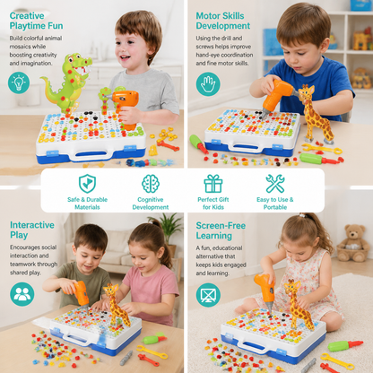 Safari Animal Building Block Set with Electric Toy Drill for Kids