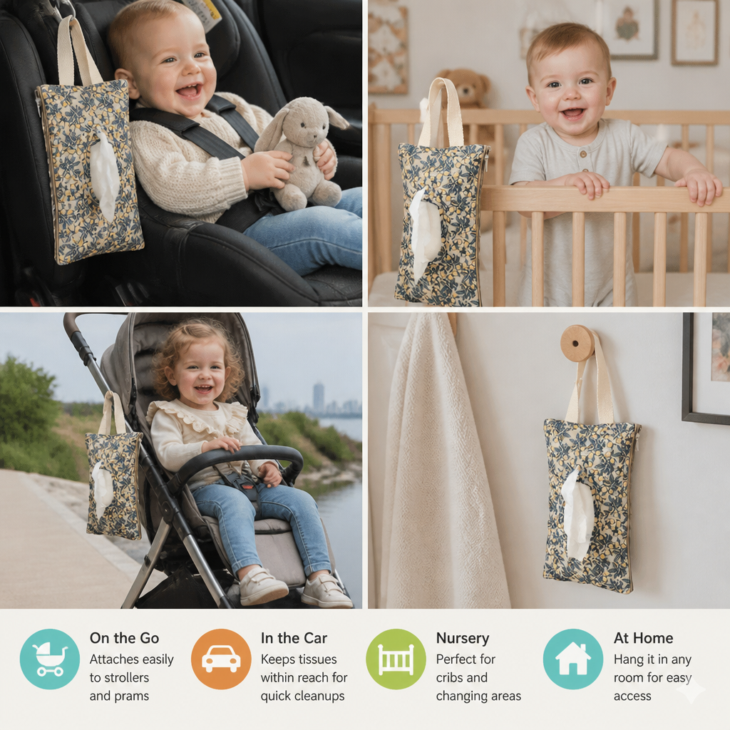 Hanging Tissue Holder for Strollers, Cribs & Cars