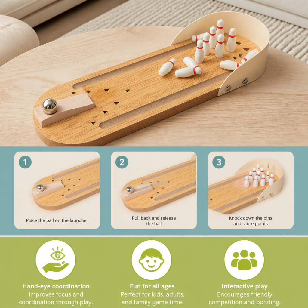 Wooden Mini Bowling Game – Portable Desktop Bowling Set for Kids