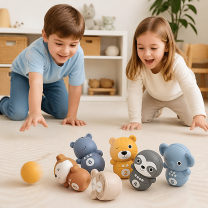6-in-1 Soft Rubber Animal Bowling & Stacking Game – Montessori Learning Toy for Kids