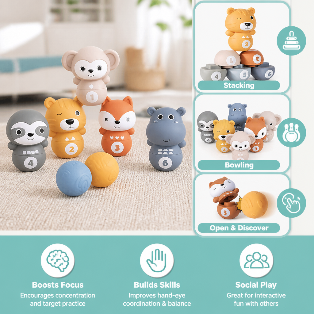 6-in-1 Soft Rubber Animal Bowling & Stacking Game – Montessori Learning Toy for Kids