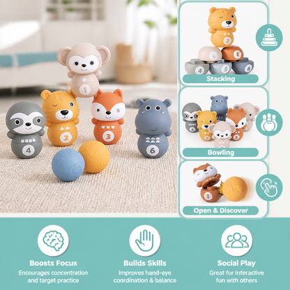6-in-1 Soft Rubber Animal Bowling & Stacking Game – Montessori Learning Toy for Kids