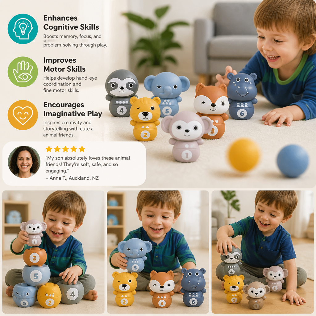 6-in-1 Soft Rubber Animal Bowling & Stacking Game – Montessori Learning Toy for Kids