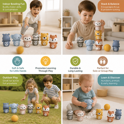6-in-1 Soft Rubber Animal Bowling & Stacking Game – Montessori Learning Toy for Kids