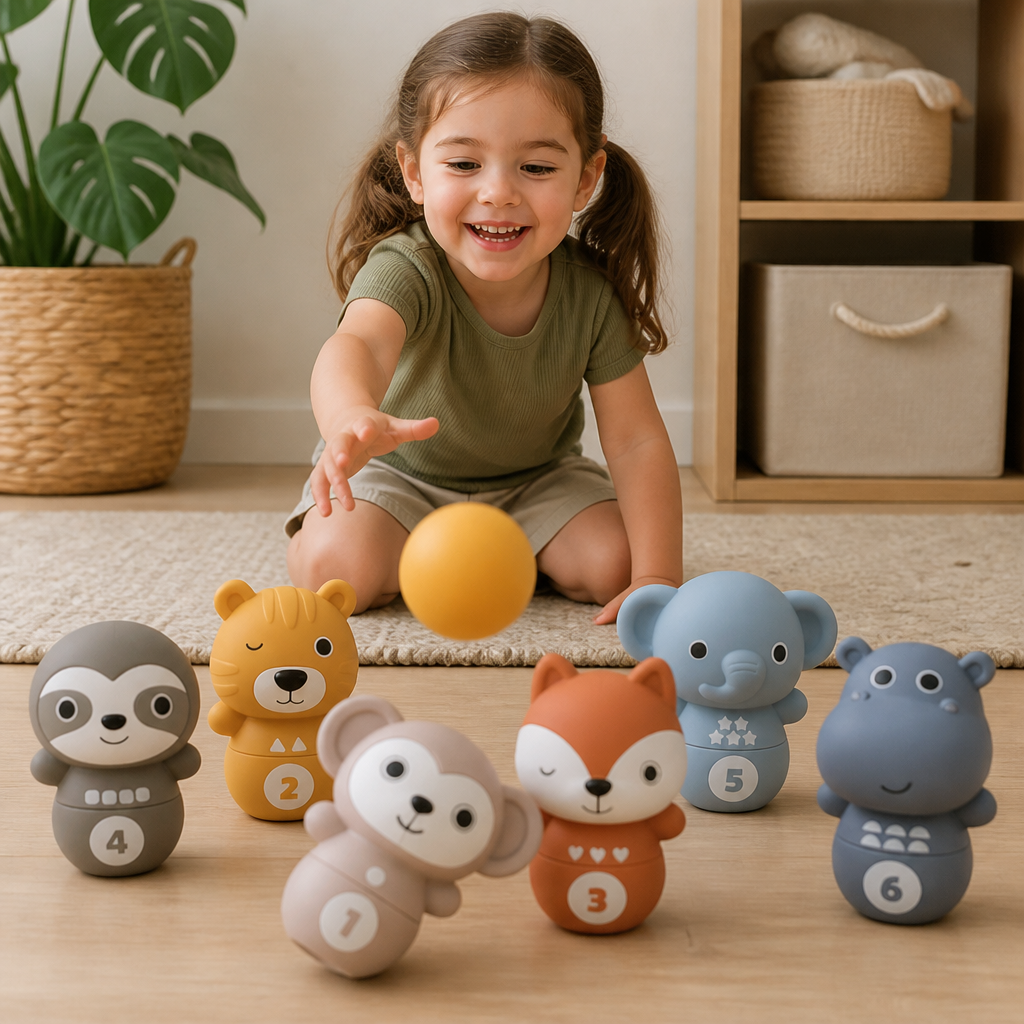 6-in-1 Soft Rubber Animal Bowling & Stacking Game – Montessori Learning Toy for Kids