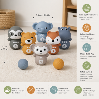 6-in-1 Soft Rubber Animal Bowling & Stacking Game – Montessori Learning Toy for Kids