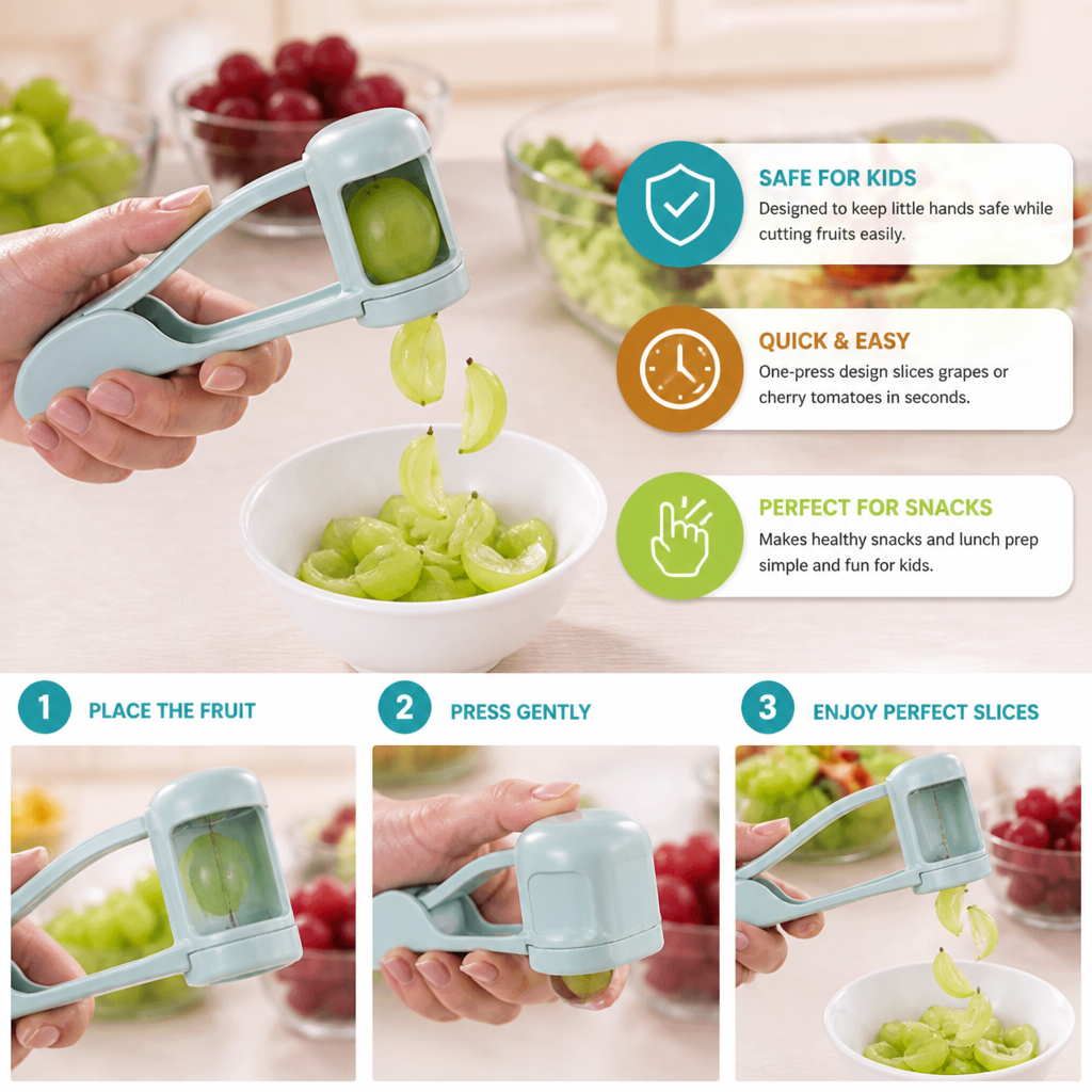 Stainless Steel Grape & Cherry Tomato Cutter – Safe One-Press Quarter Slicer for Toddlers & Kids