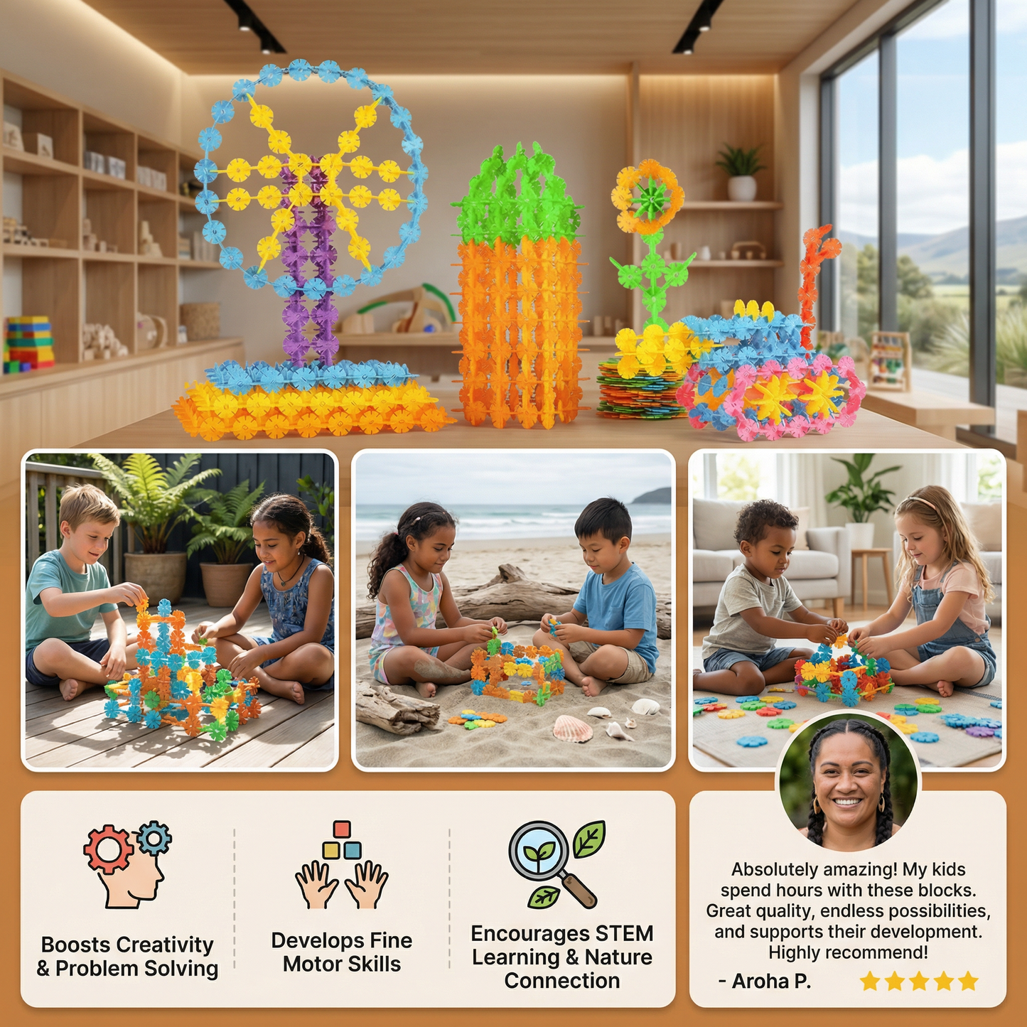 Flake-Shaped Montessori Building Blocks