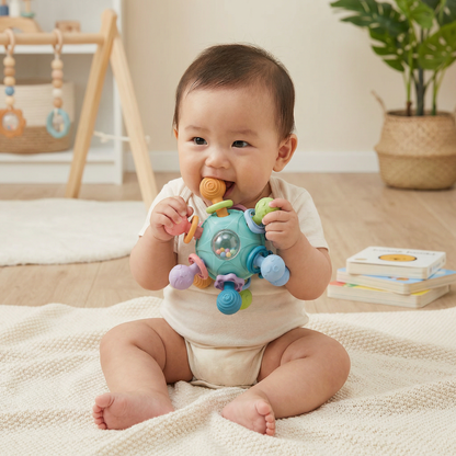 Sensory Baby Grasp Ball with Silicone Teething Aid and Rattle