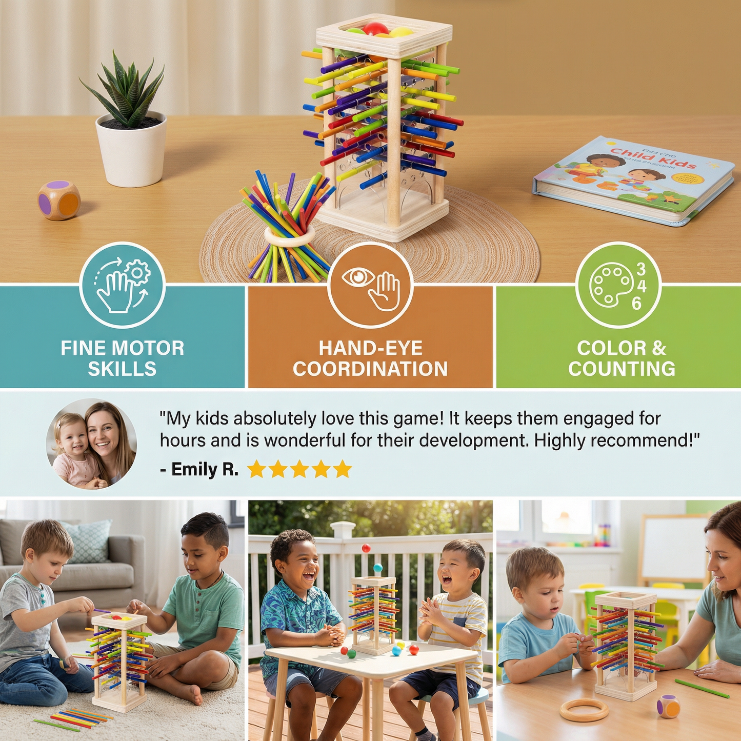 Educational 3-in-1 Wooden Ball and Stick Skill Game