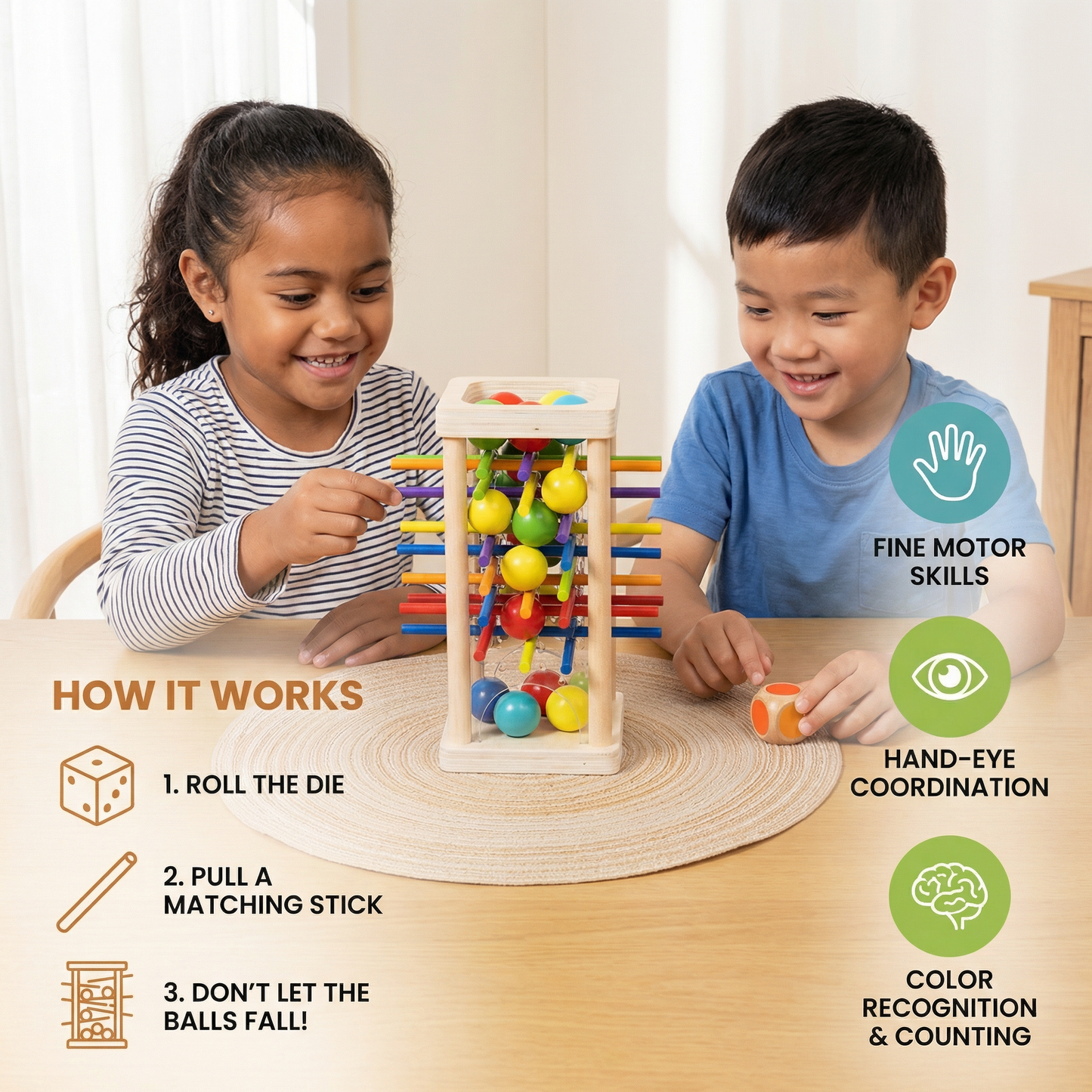 Educational 3-in-1 Wooden Ball and Stick Skill Game