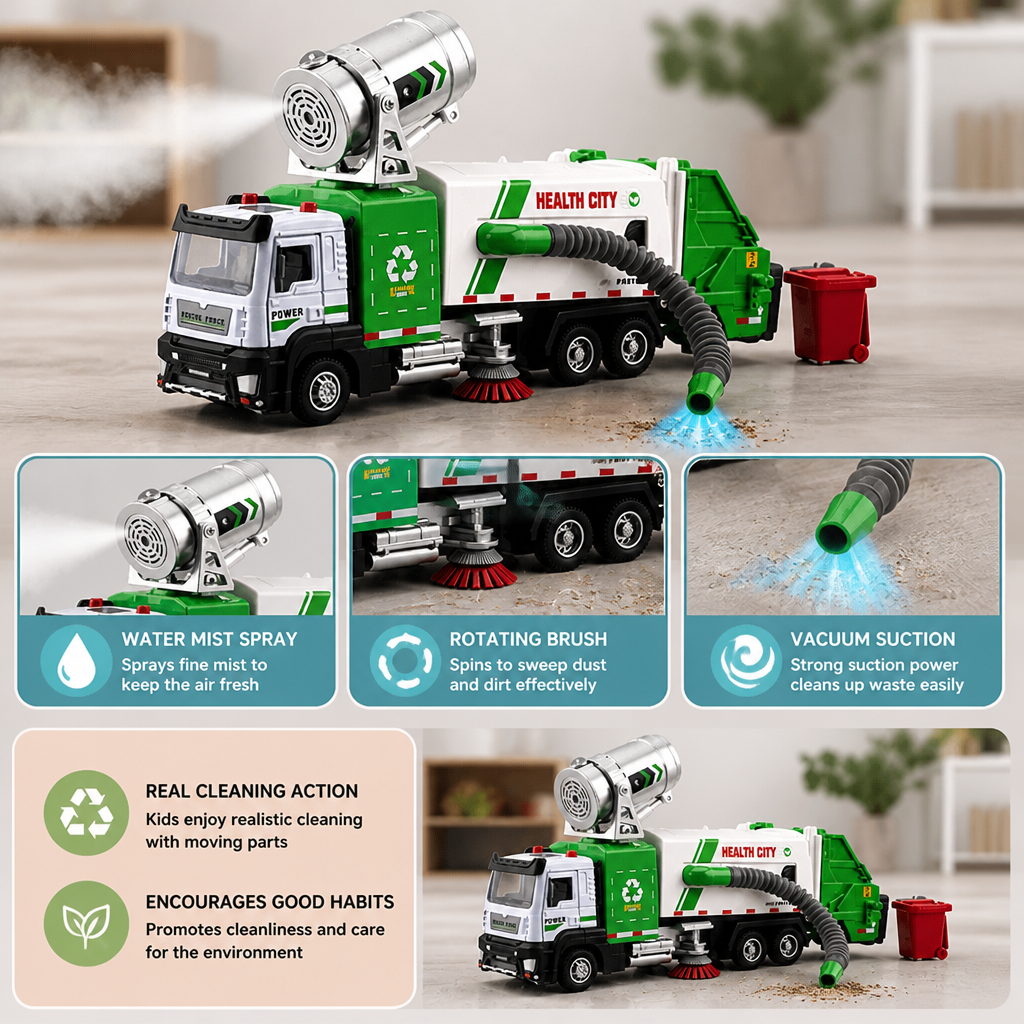 Die-Cast Street Sweeper Toy Truck with Vacuum Hose & Mist Spray