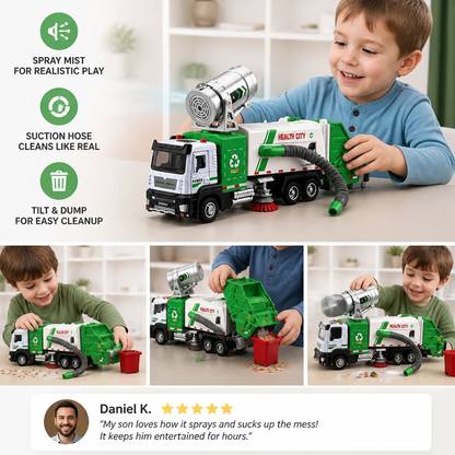 Die-Cast Street Sweeper Toy Truck with Vacuum Hose & Mist Spray