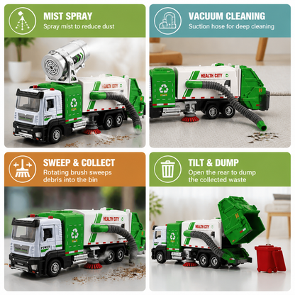 Die-Cast Street Sweeper Toy Truck with Vacuum Hose & Mist Spray