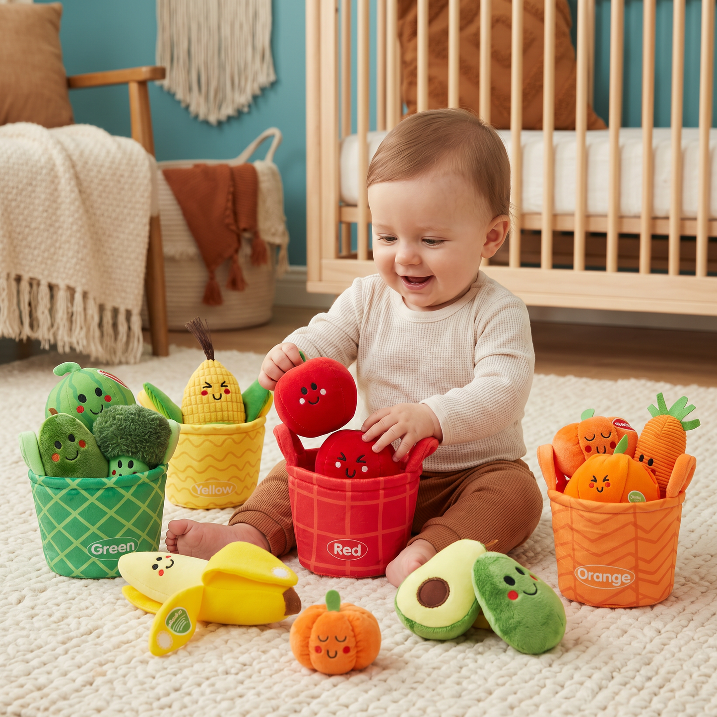 Soft Fruit & Vegetable Learning Toy for Babies – 4-Pack Color Sorting Set with Rattle and Crinkle Effect