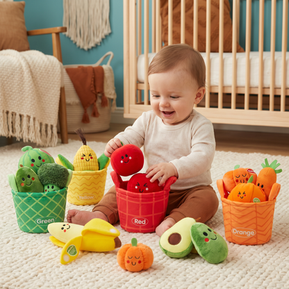 Soft Fruit & Vegetable Learning Toy for Babies – 4-Pack Color Sorting Set with Rattle and Crinkle Effect