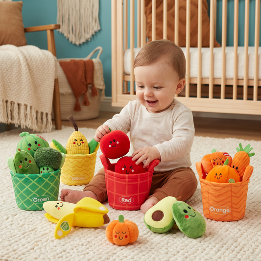 Soft Fruit & Vegetable Learning Toy for Babies – 4-Pack Color Sorting Set with Rattle and Crinkle Effect