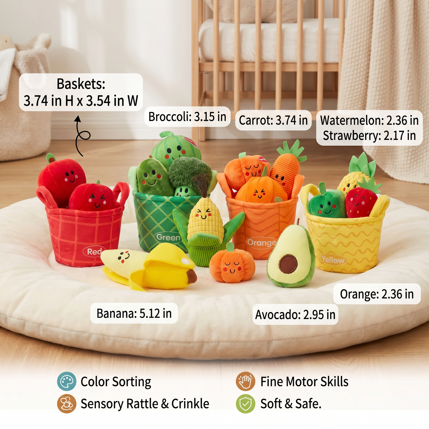 Soft Fruit & Vegetable Learning Toy for Babies – 4-Pack Color Sorting Set with Rattle and Crinkle Effect