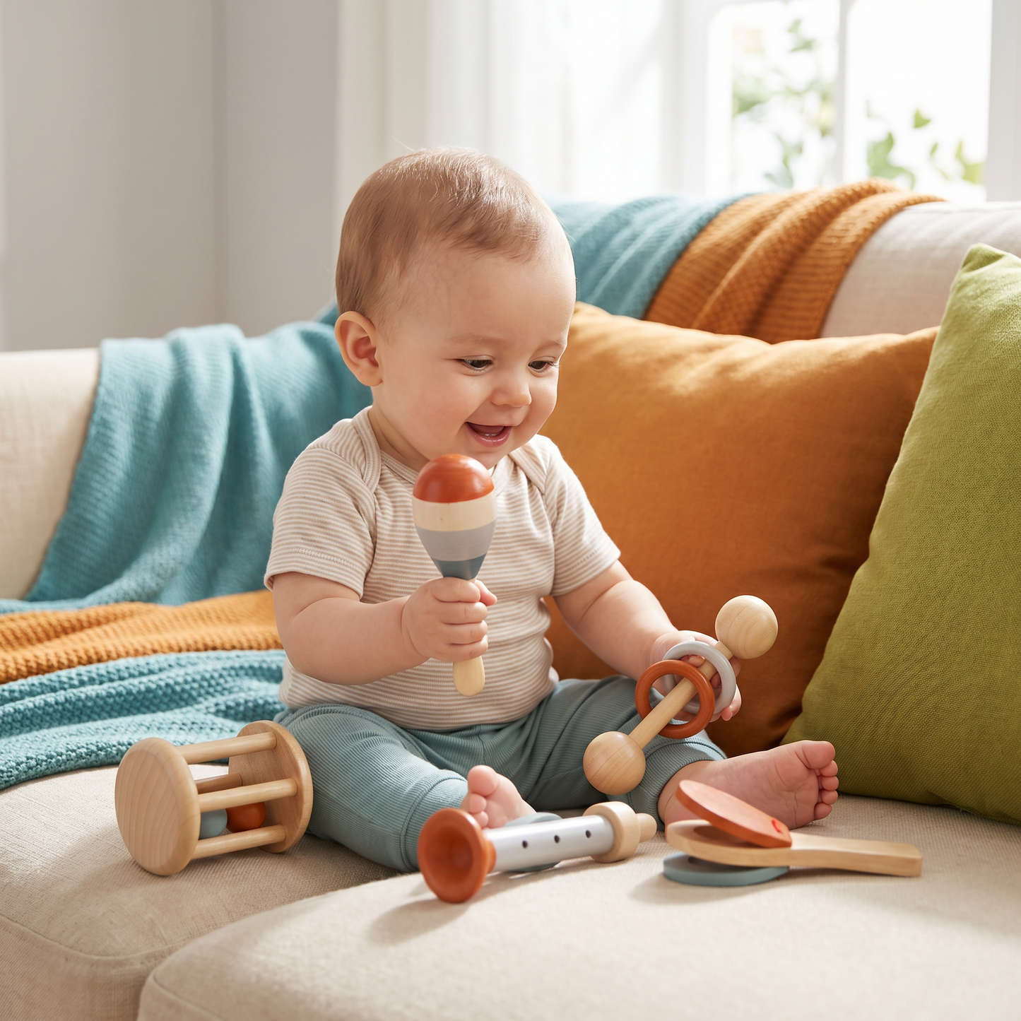Montessori Wooden Baby Music Set – 5-Piece Sensory Rattle Toy Collection