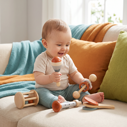 Montessori Wooden Baby Music Set – 5-Piece Sensory Rattle Toy Collection