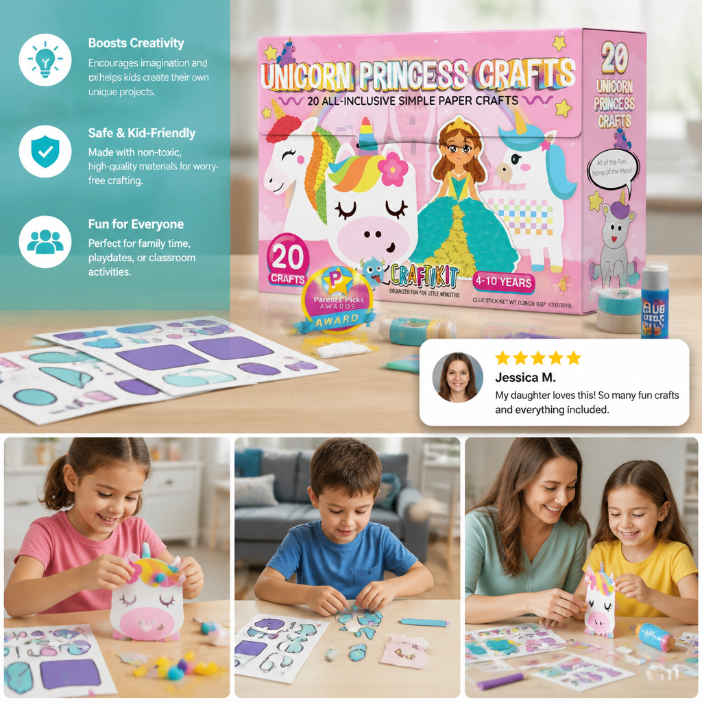 Kids Paper Crafts Box – 20 Easy DIY Arts & Crafts Projects for Ages 3–10 with Glue Stick, Tape & Envelopes