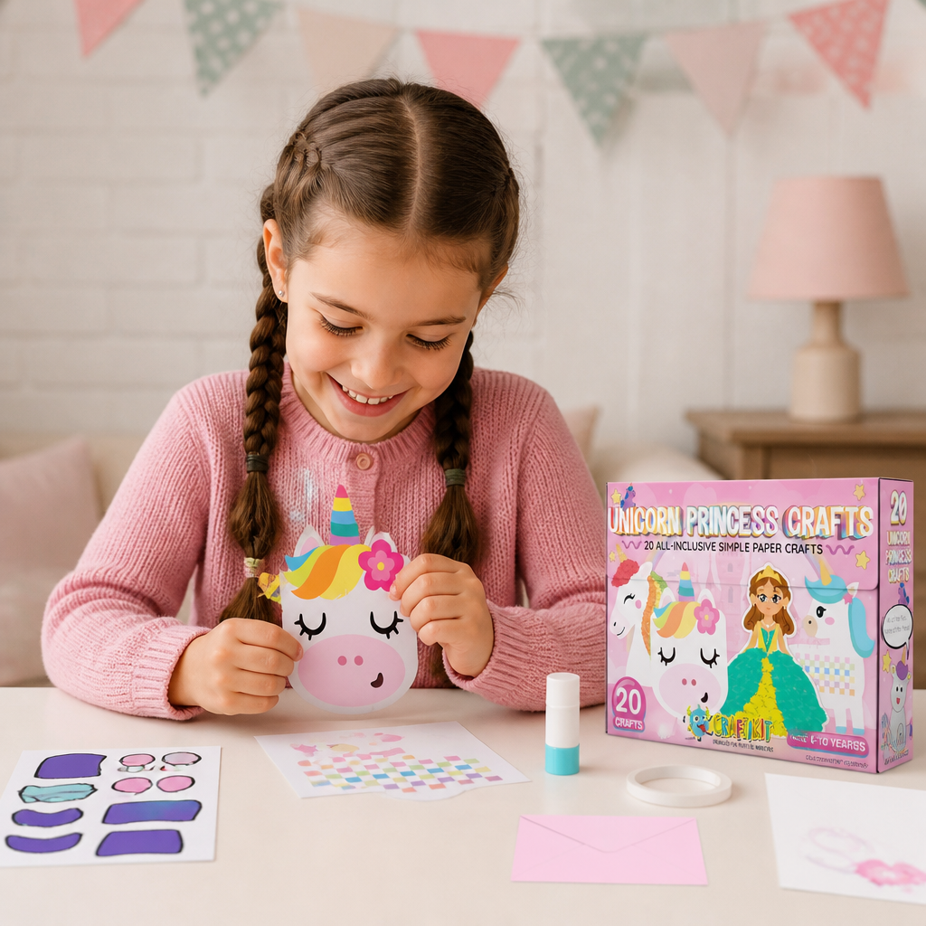 Kids Paper Crafts Box – 20 Easy DIY Arts & Crafts Projects for Ages 3–10 with Glue Stick, Tape & Envelopes
