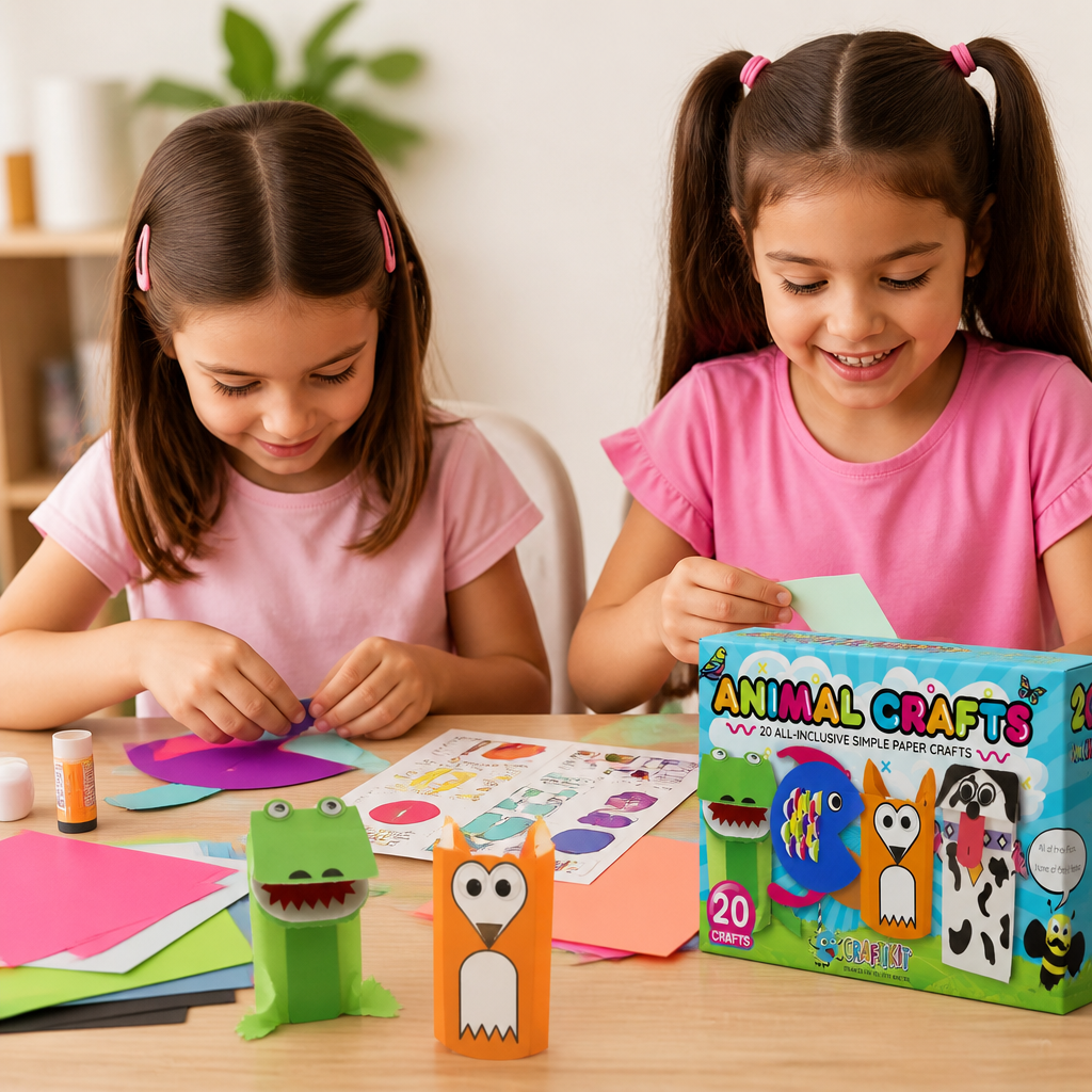 Kids Paper Crafts Box – 20 Easy DIY Arts & Crafts Projects for Ages 3–10 with Glue Stick, Tape & Envelopes